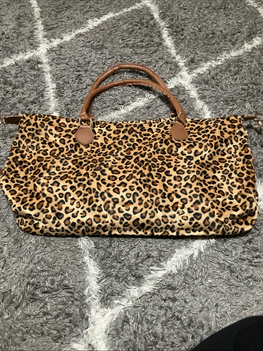 Leopard Print duffel Bag with Brown Handles and strap